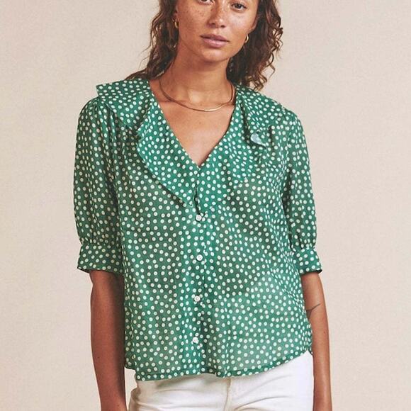 Trovata Tops - Trovata Green Polka Dot Shirt Blouse Ruffled Short Sleeve Size M Anthro Cottage